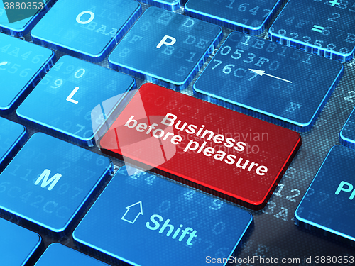 Image of Finance concept: Business Before pleasure on computer keyboard background