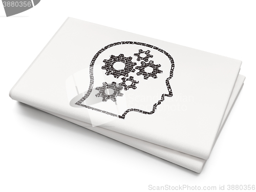 Image of Advertising concept: Head With Gears on Blank Newspaper background