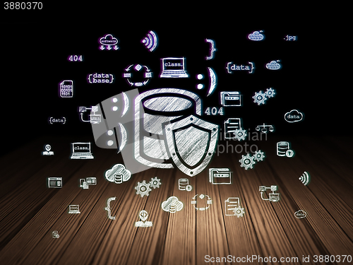 Image of Database concept: Database With Shield in grunge dark room
