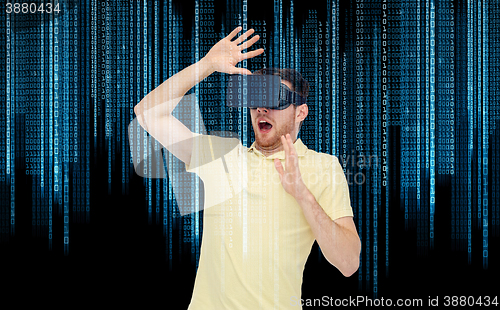 Image of man in virtual reality headset or 3d glasses