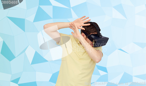 Image of man in virtual reality headset or 3d glasses