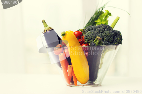 Image of close up of ripe vegetables in glass bowl on table