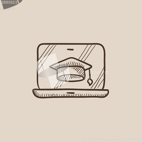 Image of Laptop with graduation cap on screen sketch icon.