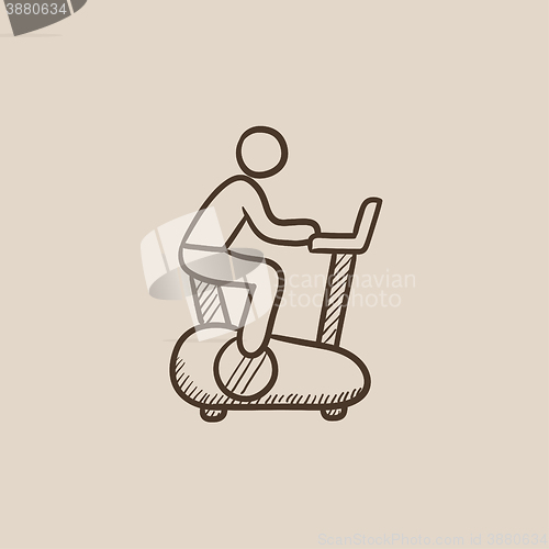 Image of Man training on exercise bike sketch icon.