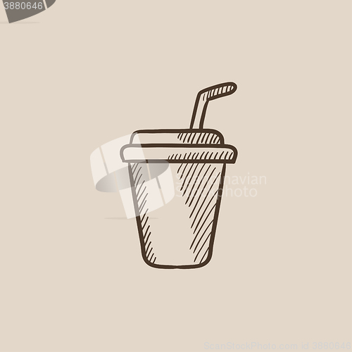 Image of Disposable cup with drinking straw sketch icon.