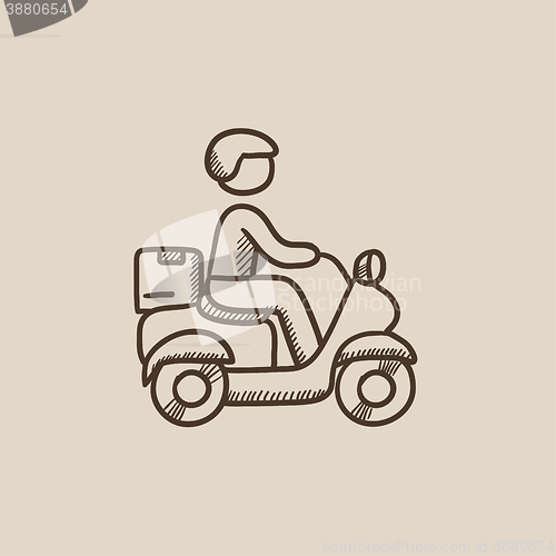 Image of Man carrying goods on bike sketch icon.