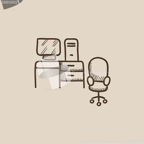 Image of Computer set with table and chair sketch icon.