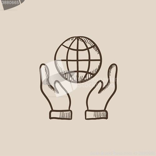 Image of Two hands holding globe sketch icon.