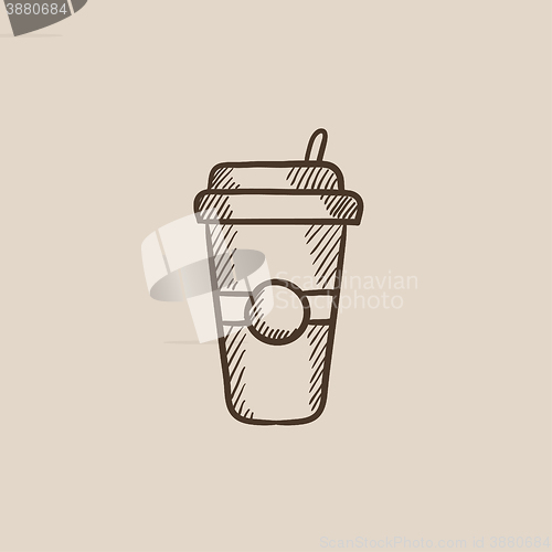 Image of Disposable cup with drinking straw sketch icon.