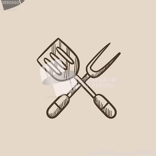 Image of Kitchen spatula and big fork sketch icon.