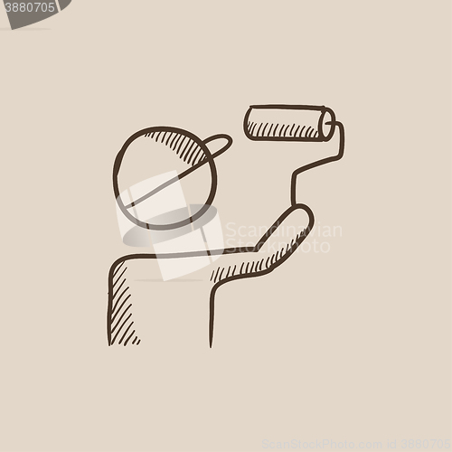Image of Man painting with roller sketch icon.