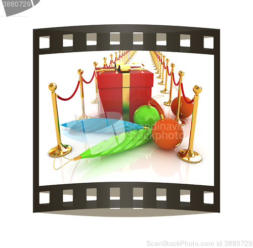 Image of Beautiful Christmas gifts on New Year\'s path to the success. The film strip