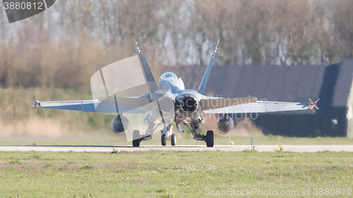 Image of LEEUWARDEN, NETHERLANDS - APRIL 11, 2016: Finish Air Force F-18 