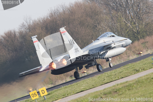 Image of LEEUWARDEN, NETHERLANDS - APRIL 11, 2016: US Air Force F-15 Eagl