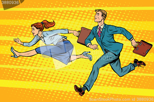 Image of Businessman and businesswoman running competition