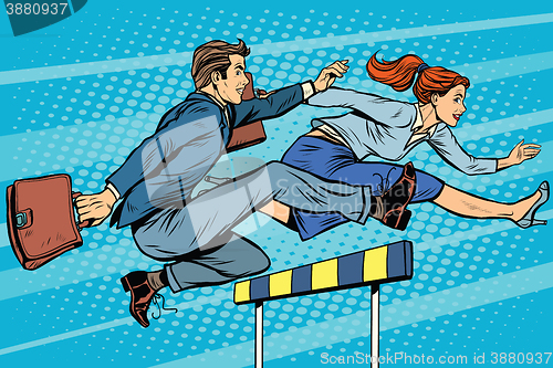 Image of Business competition woman and man running