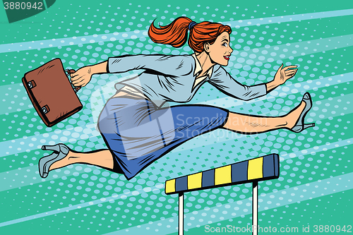 Image of businesswoman running hurdles