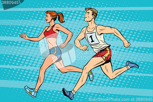 Image of Man woman athletes running track and field summer games