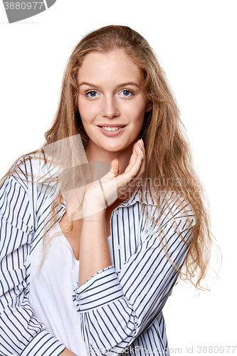 Image of Portrait of young cheerful smiling woman