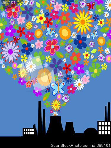 Image of Factory with colorful flower smoke