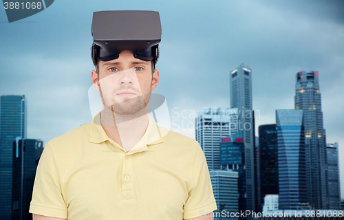 Image of man in virtual reality headset or 3d glasses