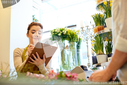 Image of florist woman and man making order at flower shop