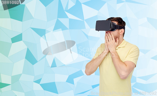 Image of happy man in virtual reality headset or 3d glasses