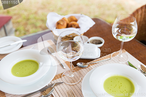 Image of close up of soup and water glasses at restaurant