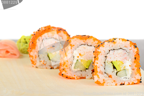 Image of Closeup California maki sushi in row