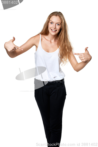 Image of Woman pointing at herself 