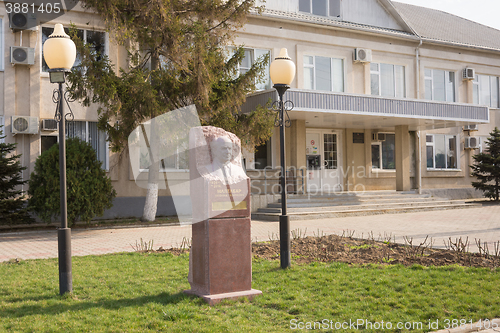 Image of Sennoy, Russia - March 15, 2016: Monument to Memory Maltabar Leonid Markovich installed before running wine fanagoria plant, village Sennoy, Mira Street 49