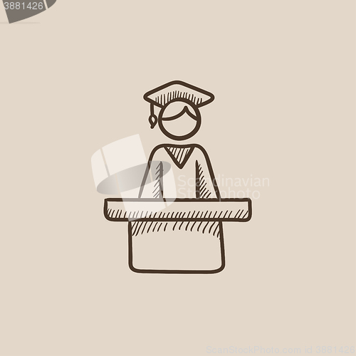 Image of Graduate standing near tribune sketch icon.