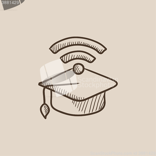 Image of Graduation cap with wi-fi sign sketch icon.