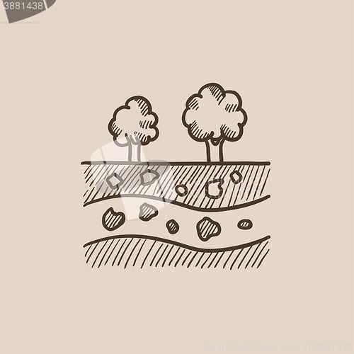 Image of Cut of soil with different layers and trees on top sketch icon.