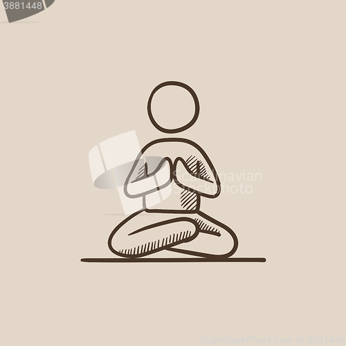 Image of Man meditating in lotus pose sketch icon.