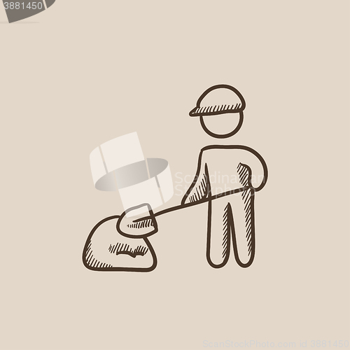 Image of Man with shovel and hill of sand sketch icon.
