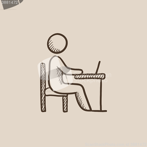 Image of Student sitting on chair in front of laptop sketch icon.