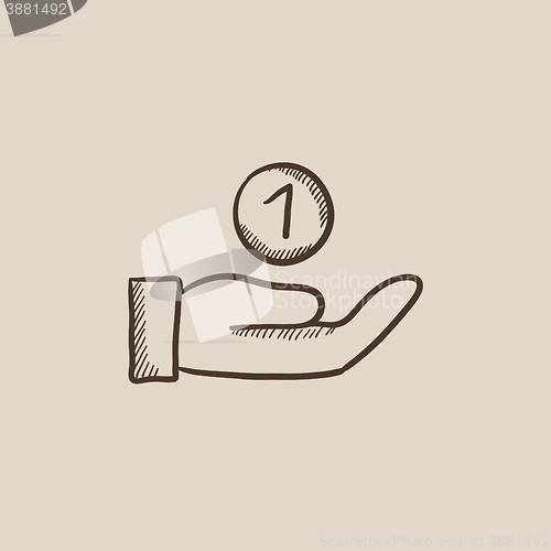 Image of Hand and one coin sketch icon.