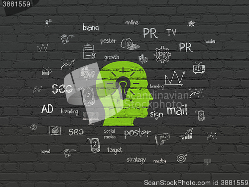 Image of Advertising concept: Head With Light Bulb on wall background