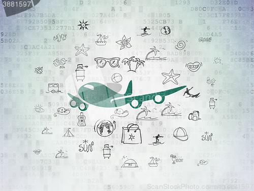 Image of Vacation concept: Airplane on Digital Data Paper background