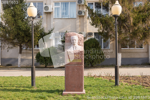 Image of Sennoy, Russia - March 15, 2016: Monument to Memory Maltabar Leonid Markovich installed before running wine fanagoria plant, village Sennoy, Mira Street 49