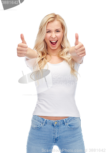 Image of happy young woman or teenage girl in white t-shirt