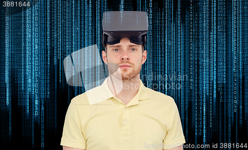 Image of man in virtual reality headset or 3d glasses