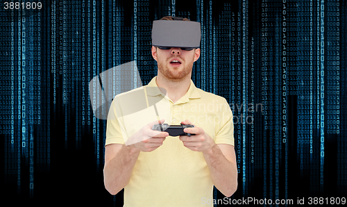 Image of man in virtual reality headset or 3d glasses