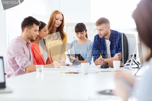 Image of creative team with blueprint working at office