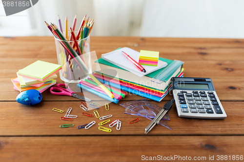 Image of close up of stationery or school supplies on table