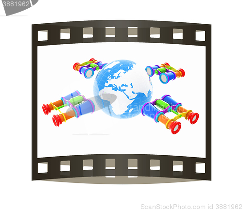 Image of binoculars around earth. The film strip