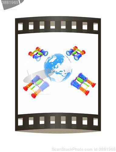 Image of binoculars around earth. The film strip