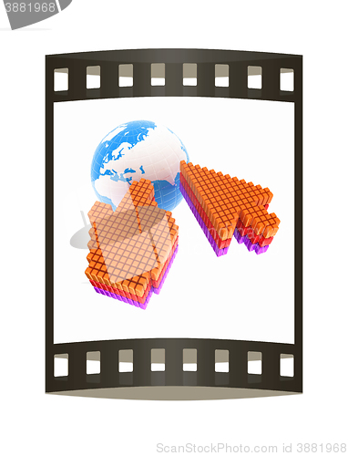 Image of Link selection computer mouse cursor and Earth - Glodal internet concept on white background. The film strip