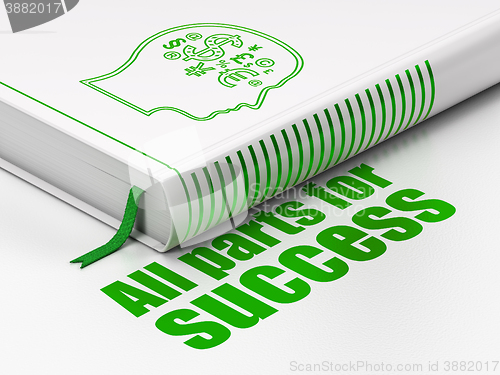 Image of Finance concept: book Head With Finance Symbol, All parts for Success on white background